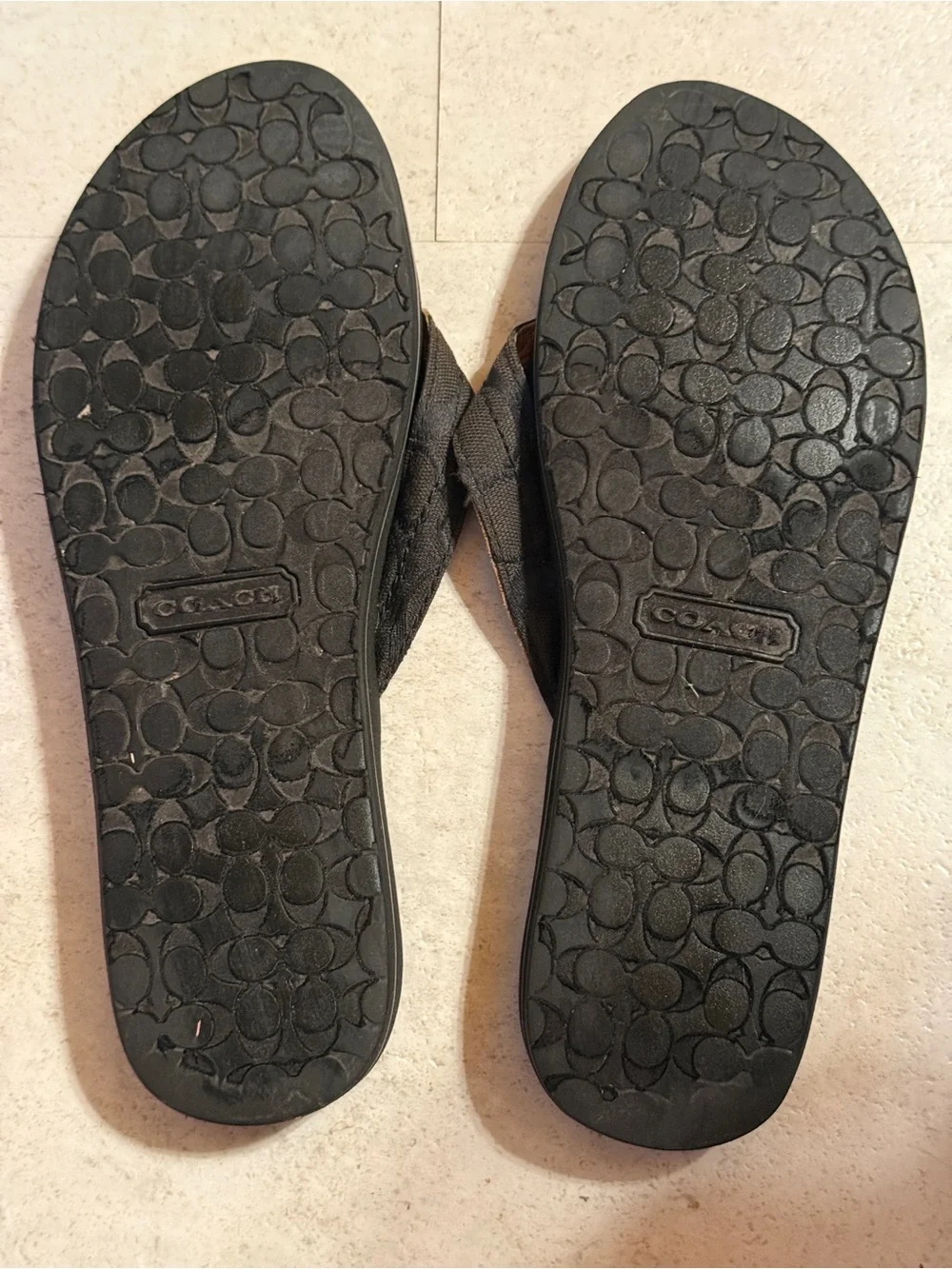 Coach Men's Black Footbed with Brown Accent Logo Thong Sandals